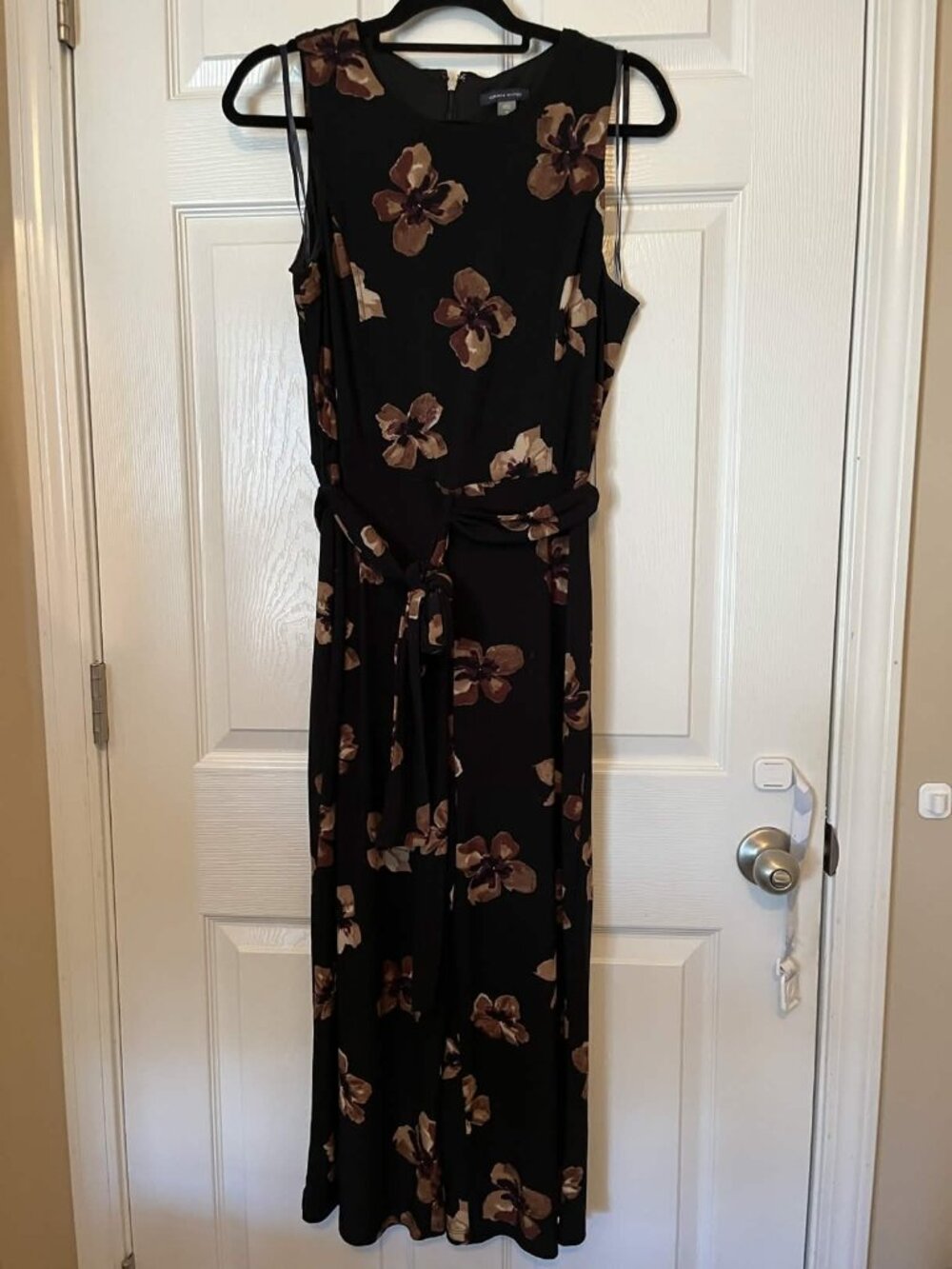 Tommy Hilfiger Black Tan Floral Sleeveless Tie Waist Cropped Jumpsuit Women 10